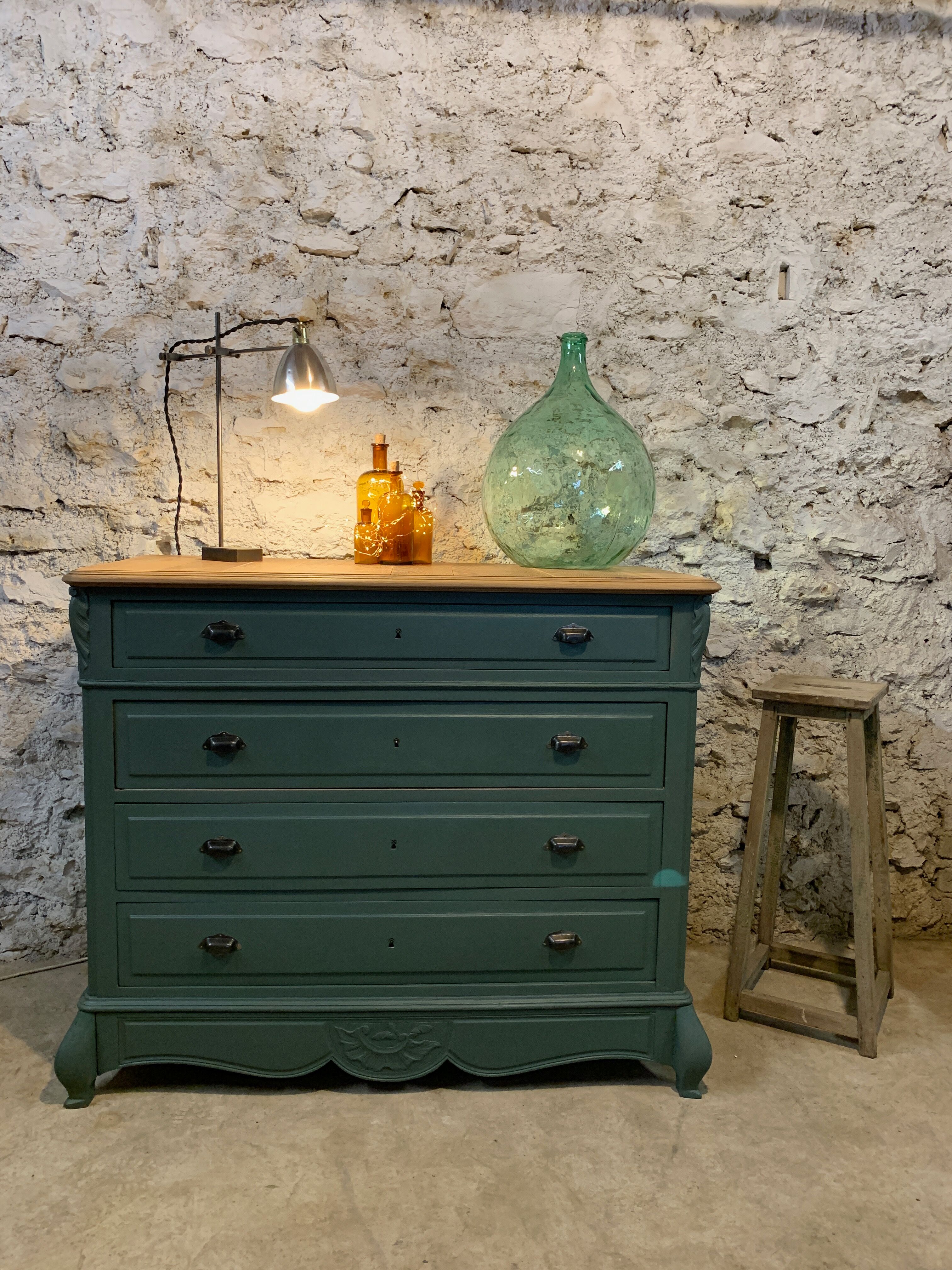 Old olive green oak chest of drawers