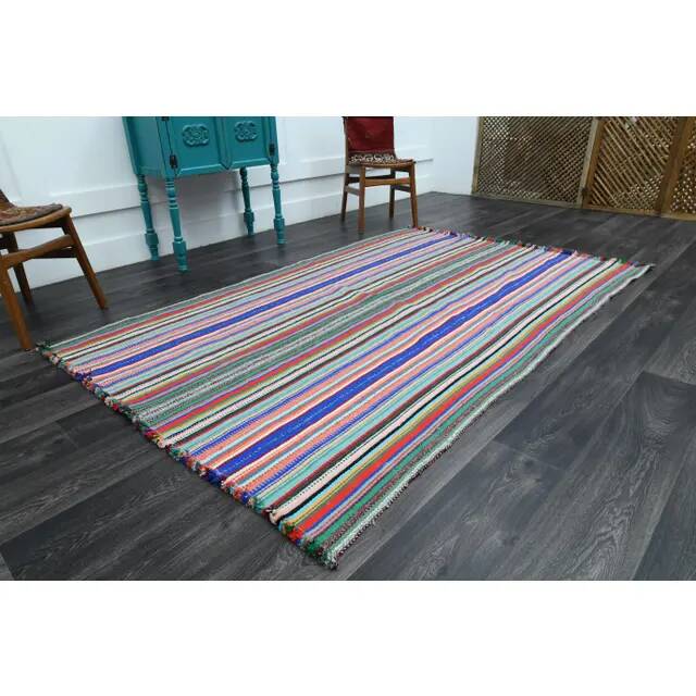Vintage Turkish Oushak Handmade Wool Cotton Blue Pink Runner Rug 158x246