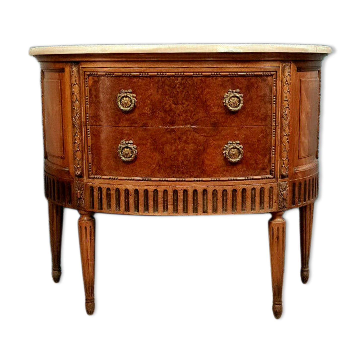Commode sauteuse Louis XVI Demie lune en loupe d'orme et noyer vers 1900