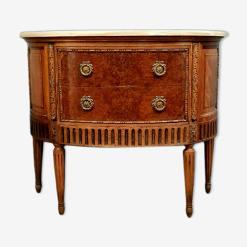 Commode sauteuse Louis XVI Demie lune en loupe d'orme et noyer vers 1900