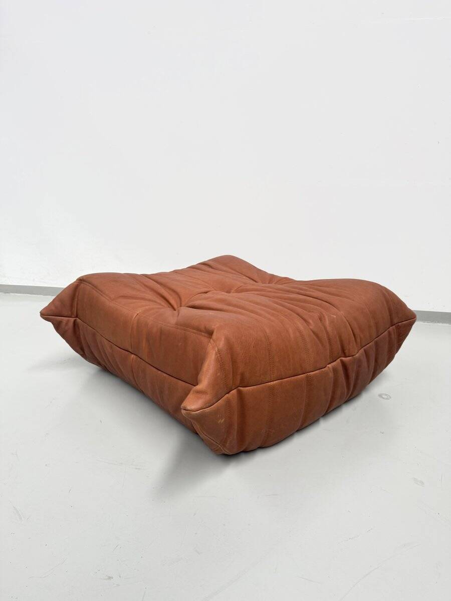 French Togo ottoman in cognac neck leather attributed to Michel Ducaroy for Ligne Roset
