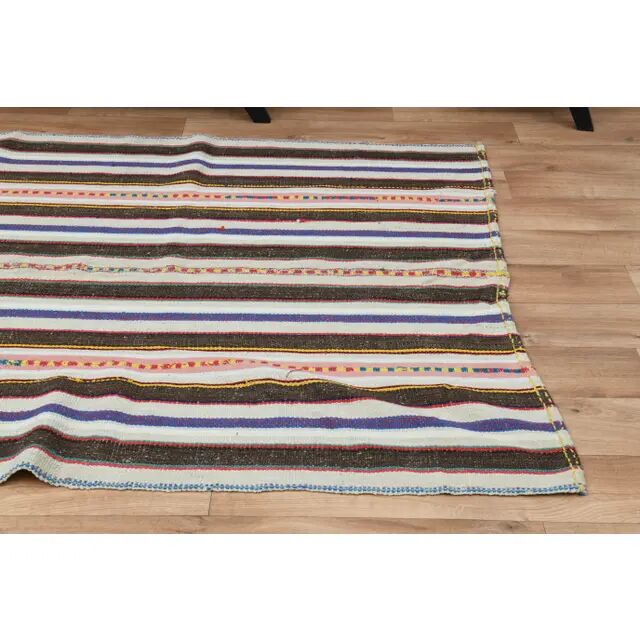 Turkish Vintage Striped Brown Blue Kilim Runner Rug 145x324