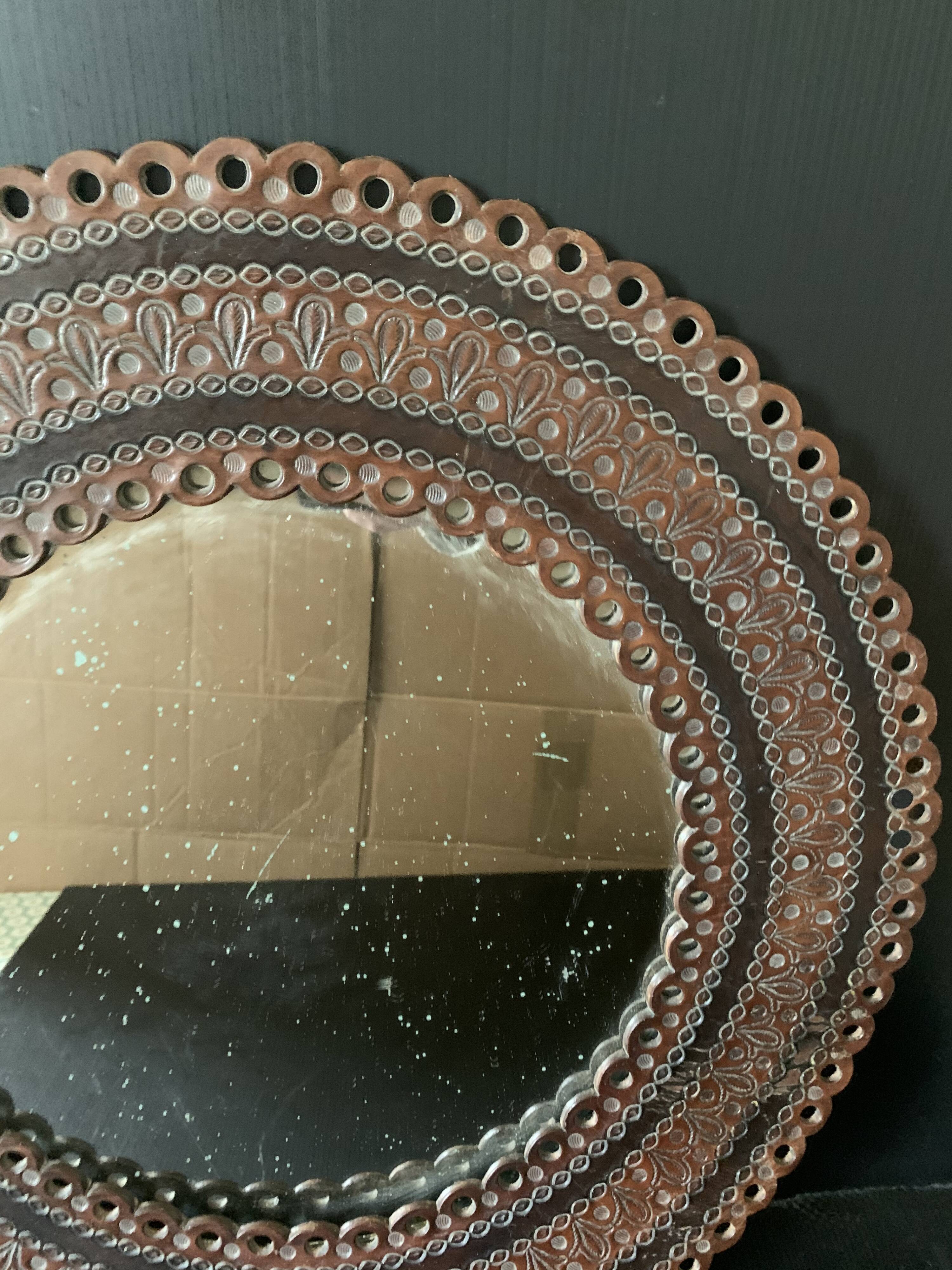 Round mirror leather frame 50cm