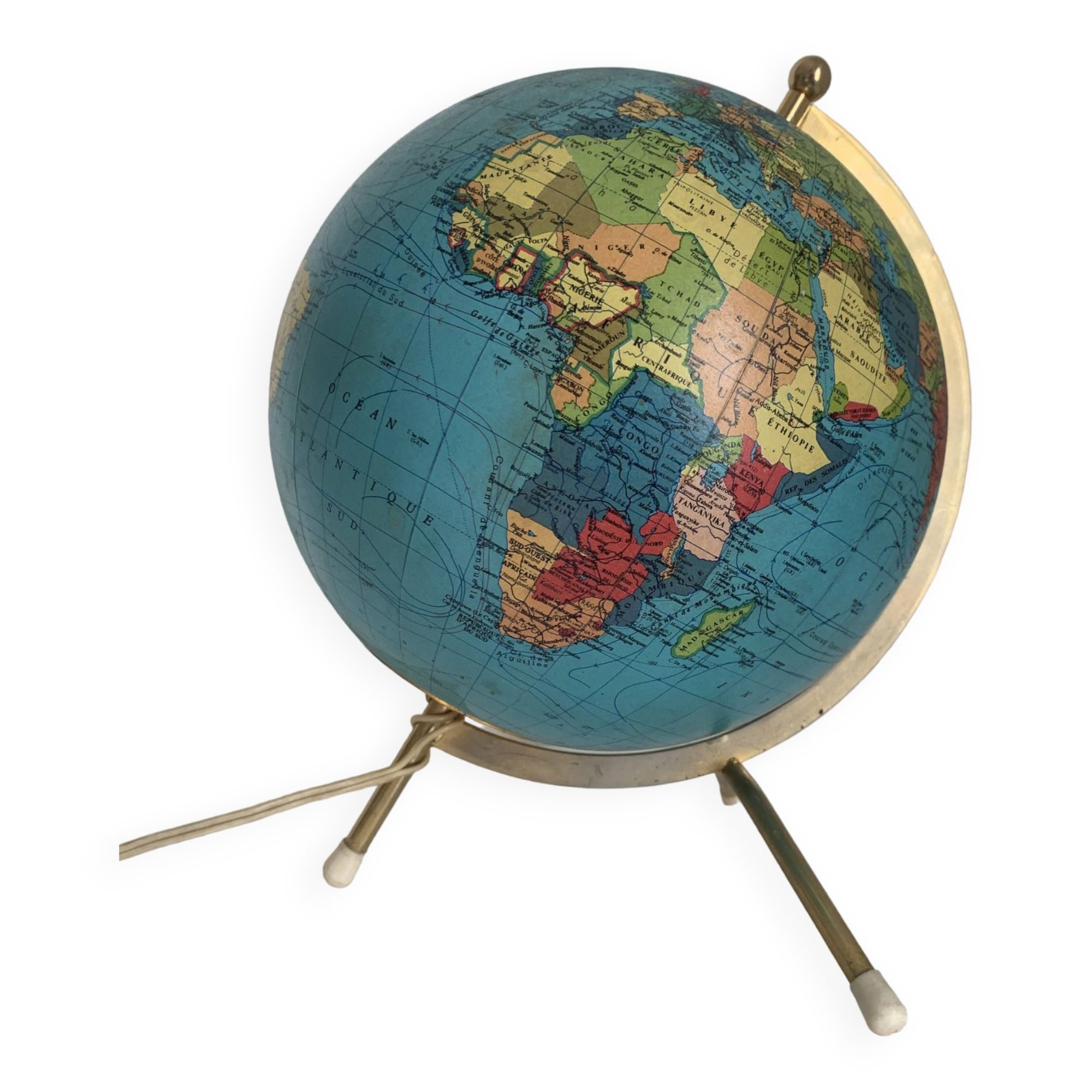 Globe vintage 1963 terrestrial Taride tripod glass world map - 28 cm
