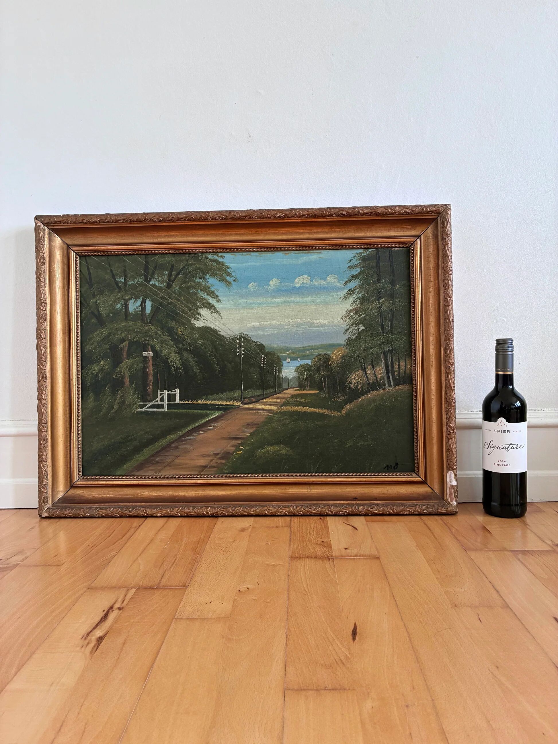 Vintage original coastal landscape oil painting, signed seaside art