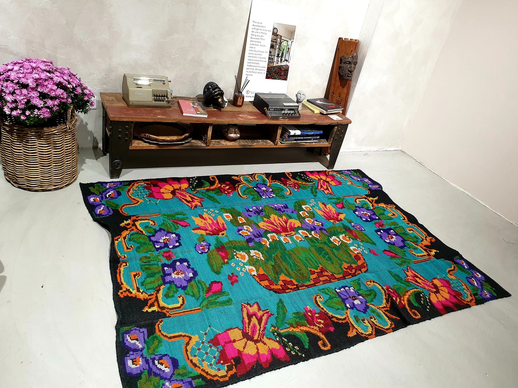 Turquoise floral wool rug, handmade in Romania. Vintage carpet 230X153 cm