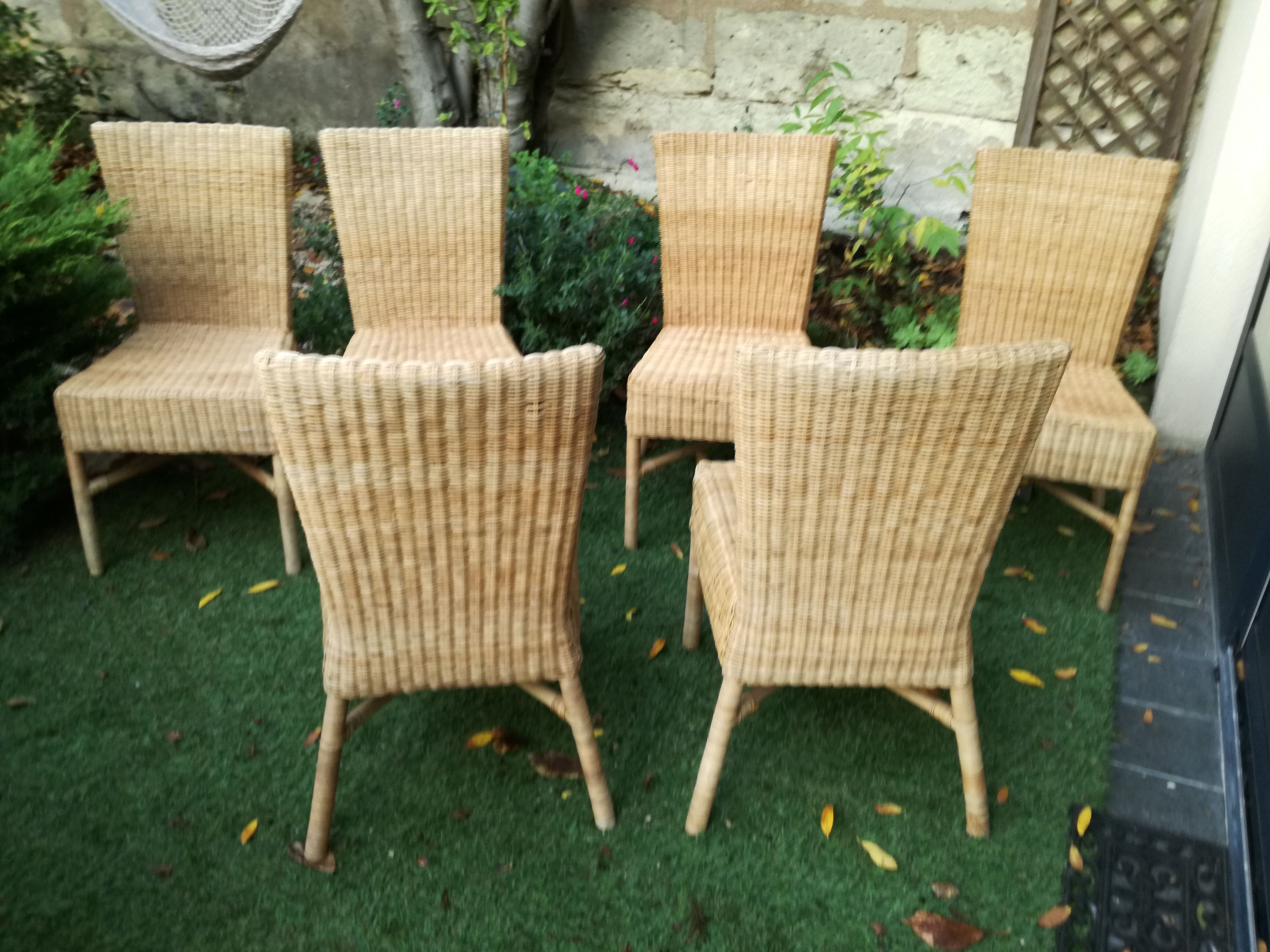 6 chaises vintage en bambou et osier 70's