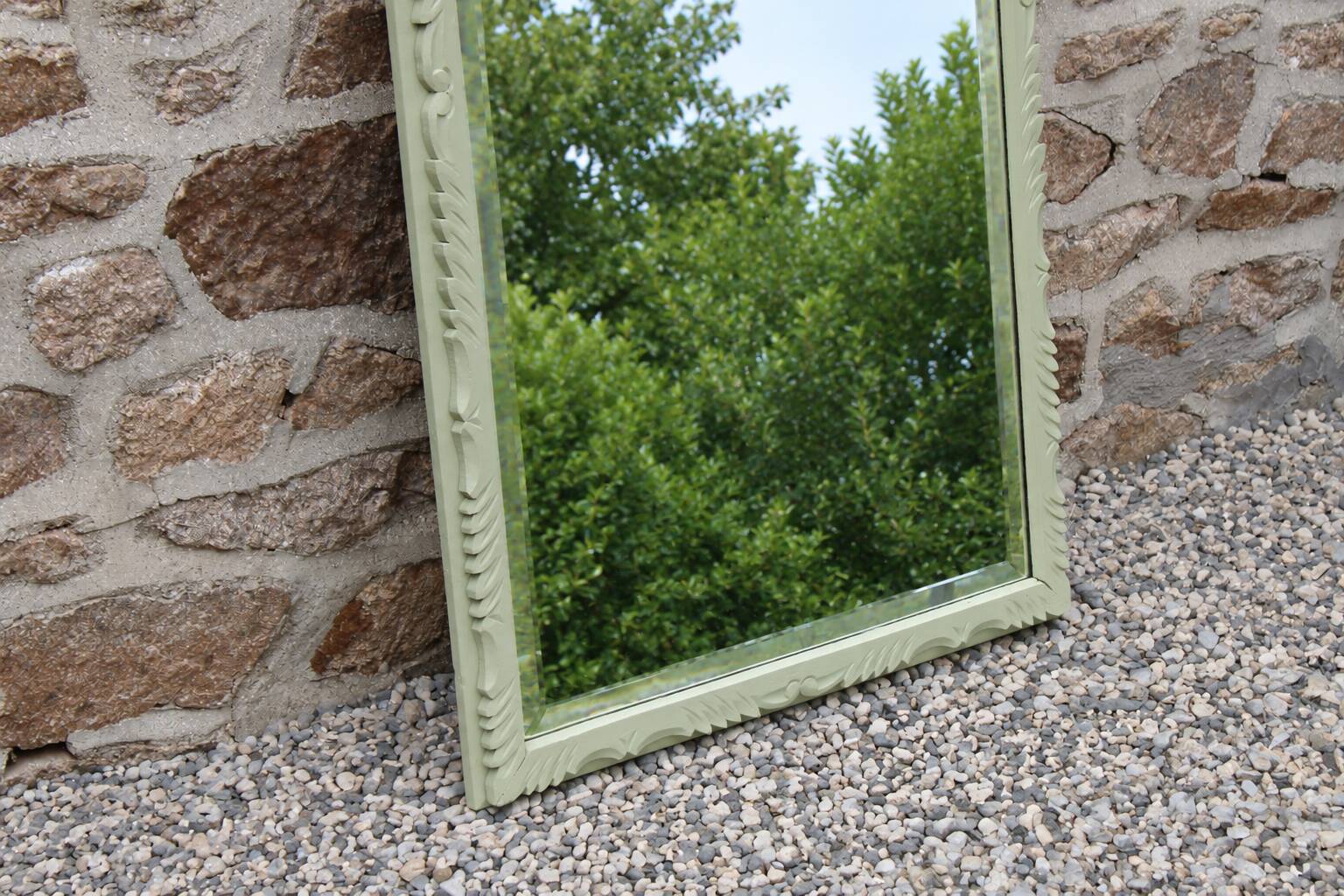 Large antique bevelled mirror in carved solid wood, green lizard – 129 × 75