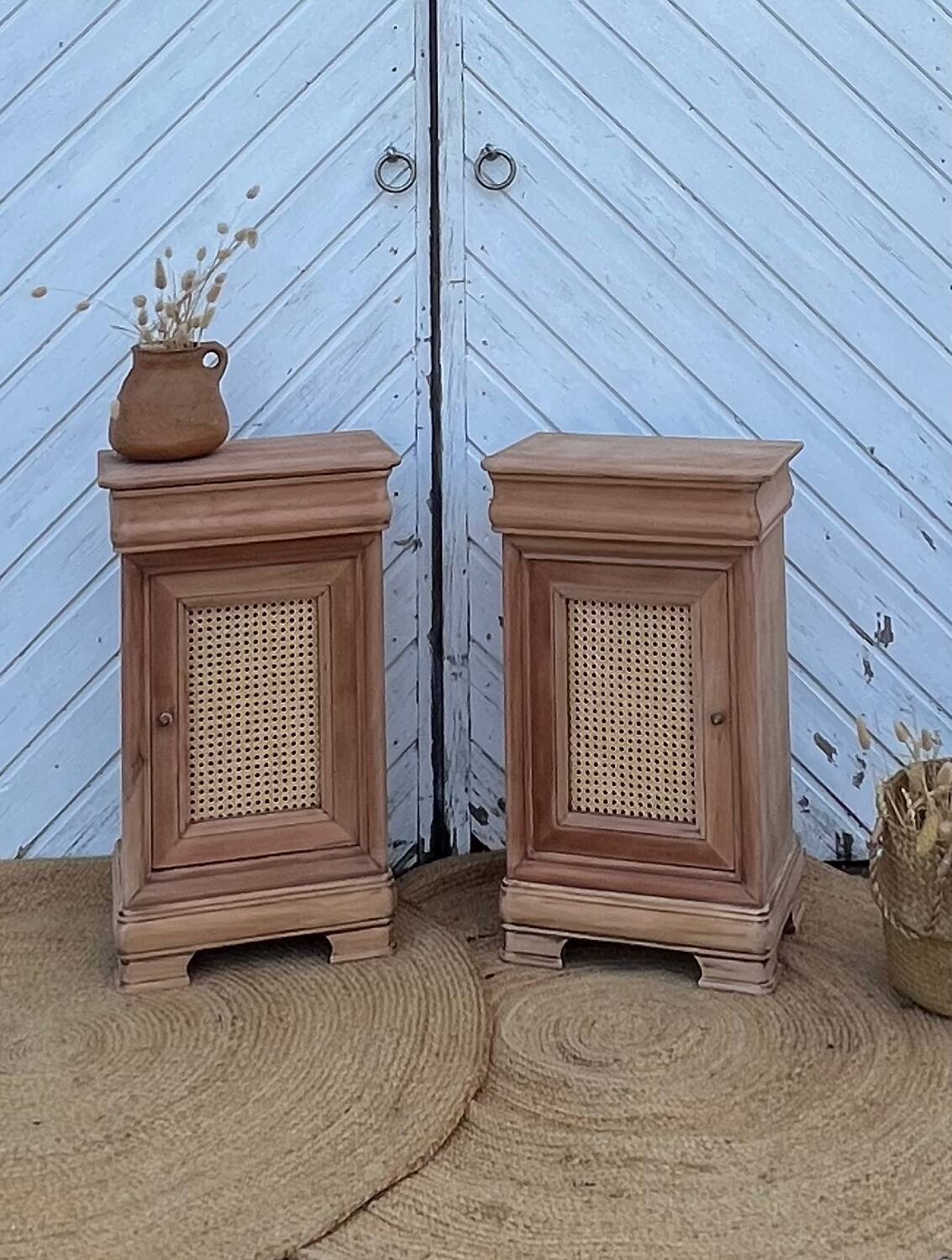 Pair of antique bedside tables / nightstands in raw wood and canework