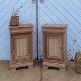 Pair of antique bedside tables / nightstands in raw wood and canework