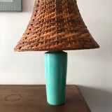 Enamelled ceramic lamp and rattan