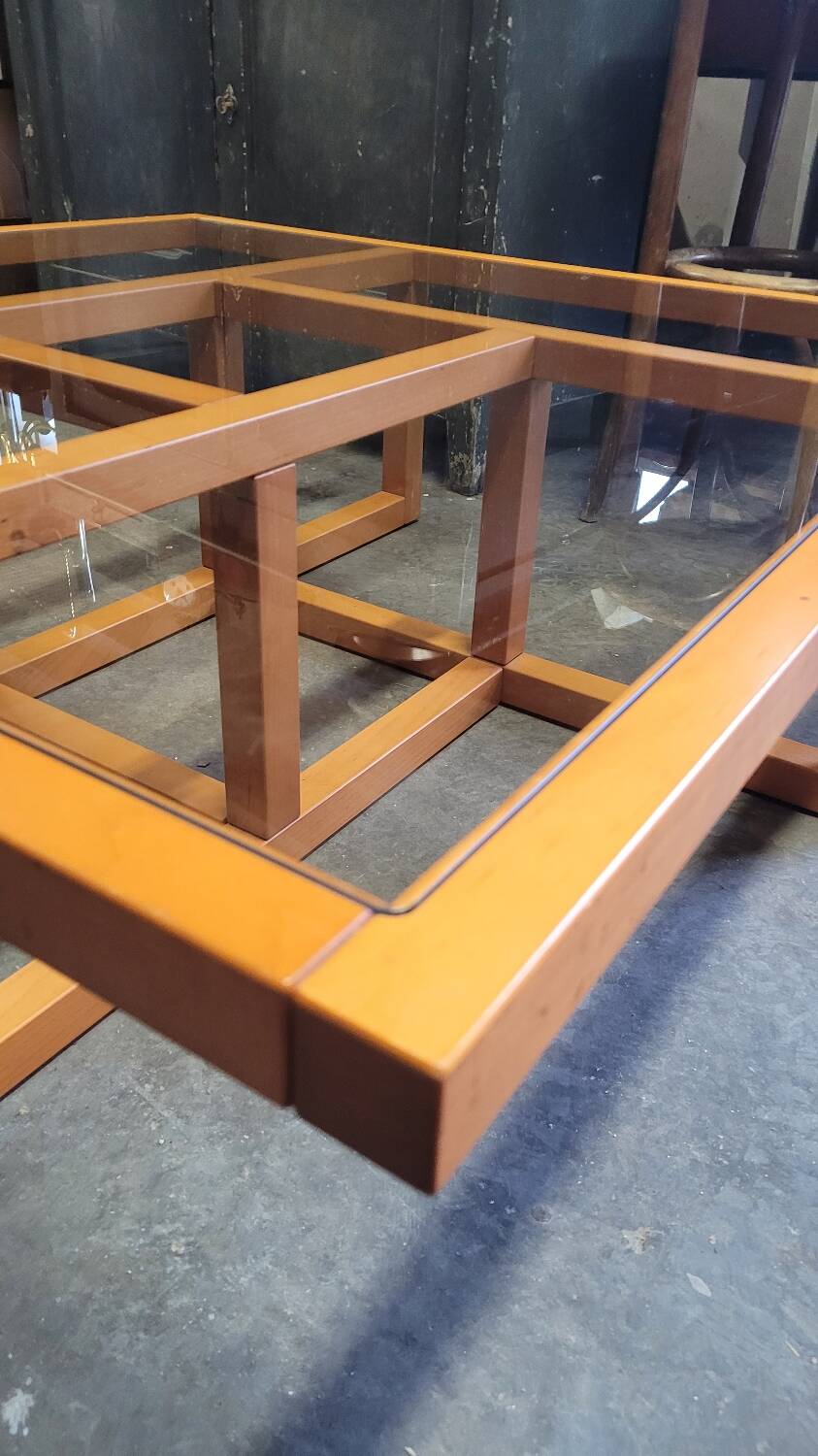 Modernist vintage square coffee table, in wood and old glass