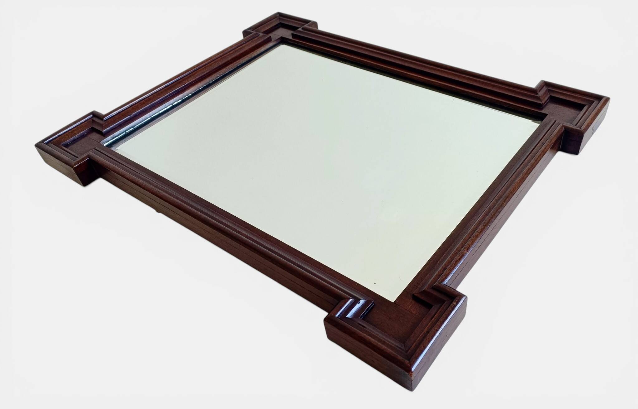 French Art Deco Oak Mirror with Stepped Architectural Frame, circa 1935