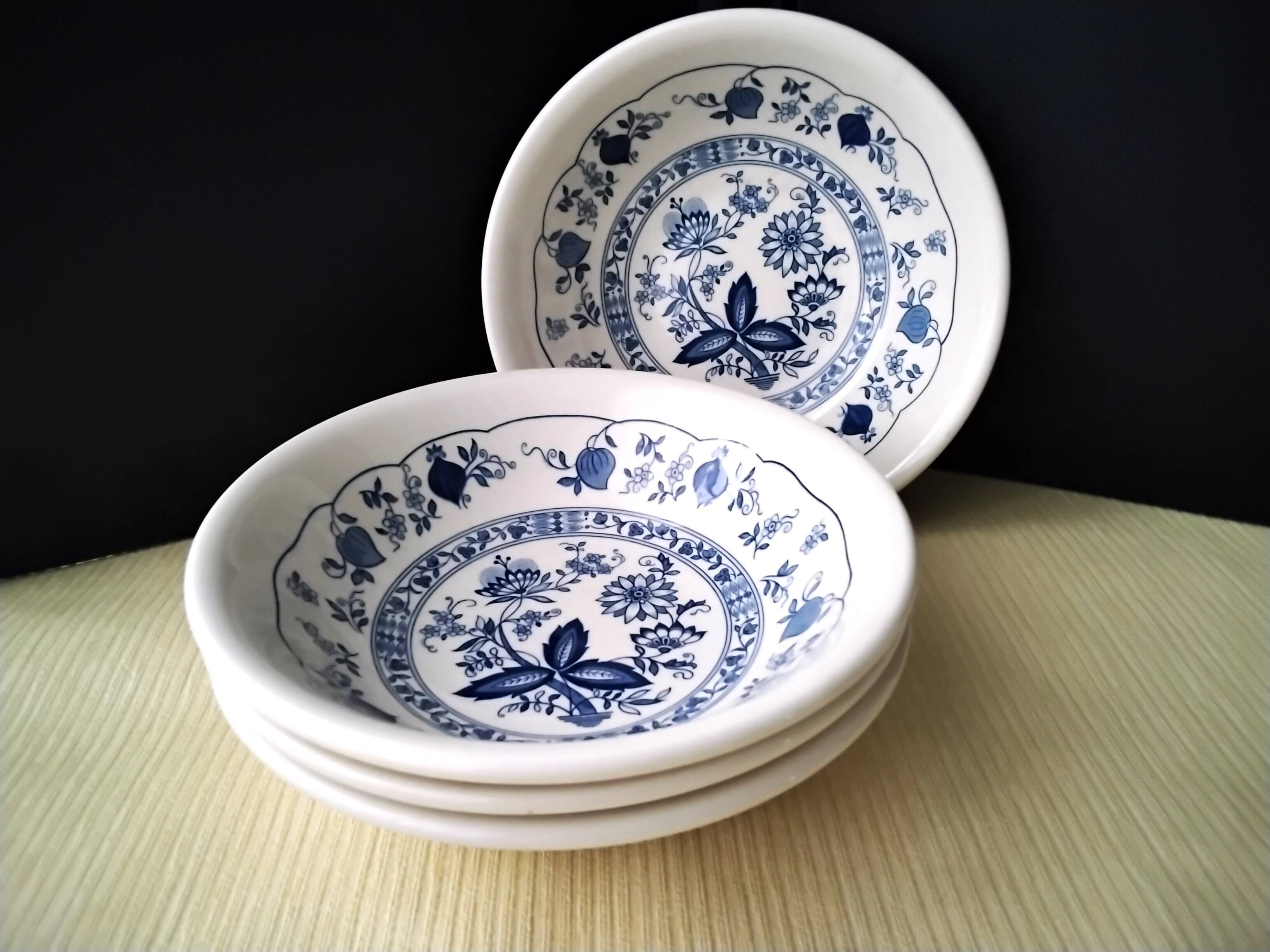 4 Biltons porridge or cereal bowls with blue onion decoration