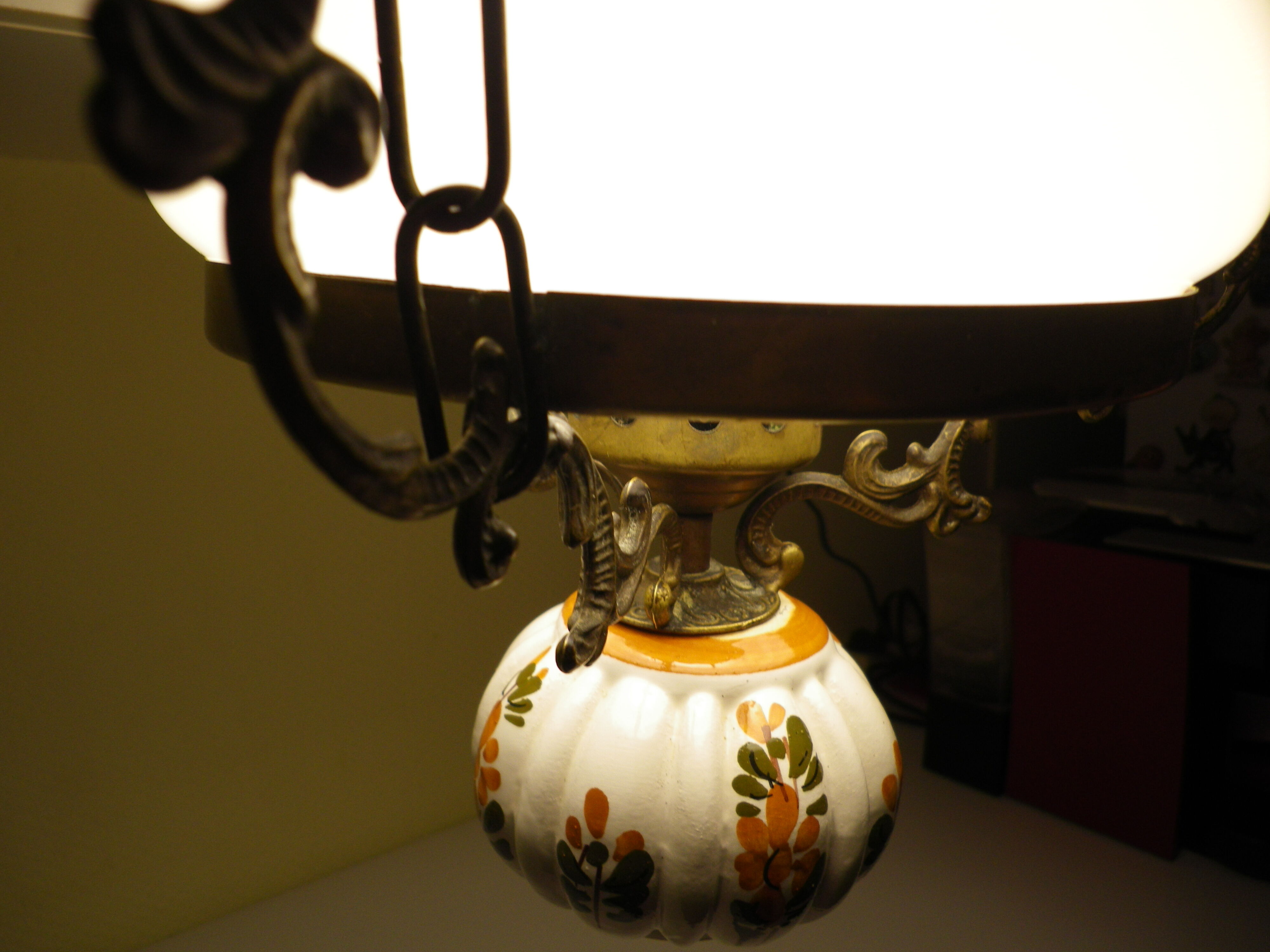 Hanging lamp of the 1950s, white opaline shade and porcelain decoration