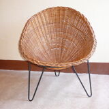 Rotin armchair shell tripod vintage 50s
