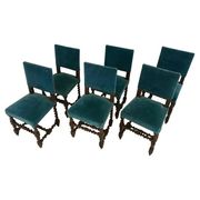 Set of 6 blue velvet chairs in Louis XIII 19th century style