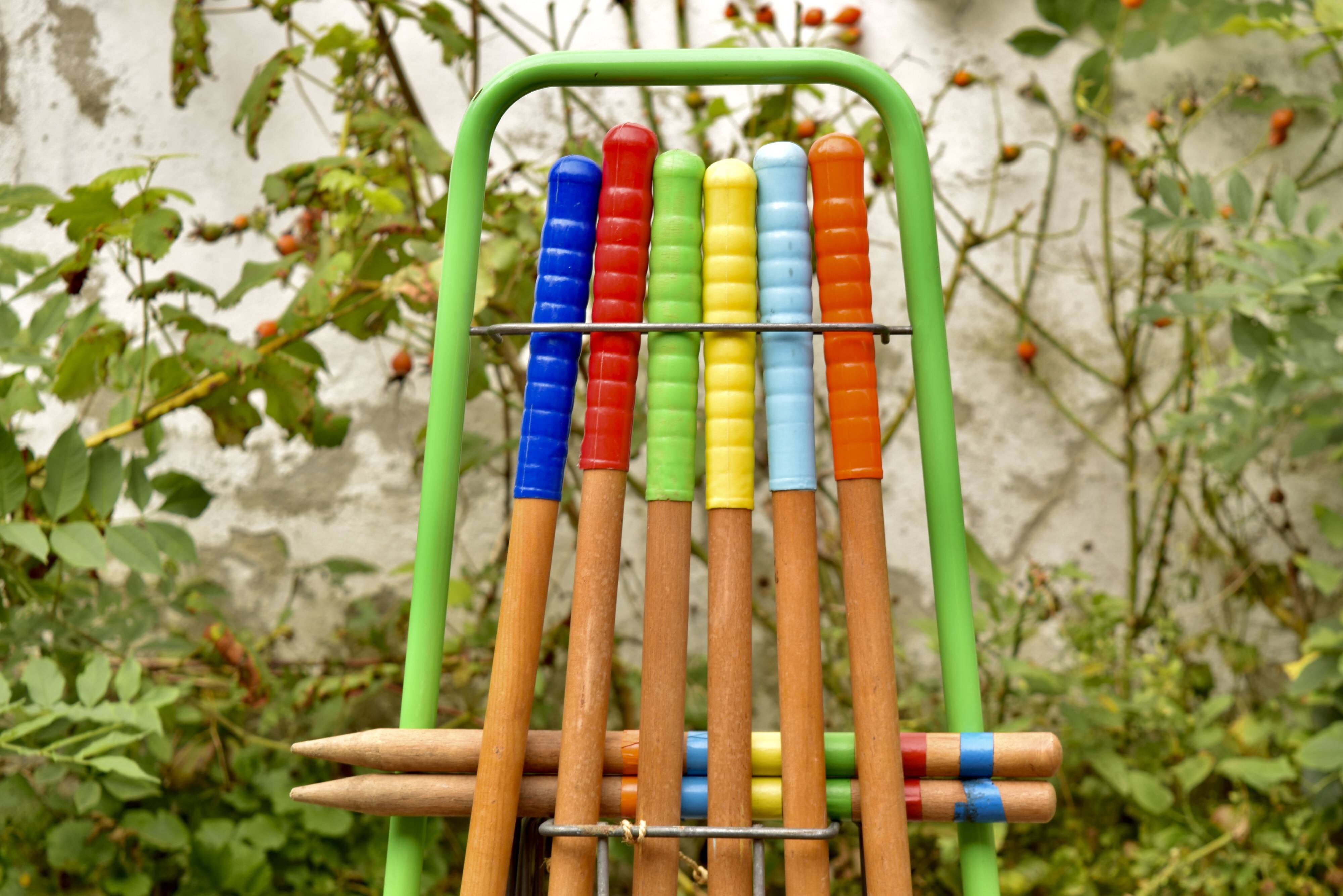 Old large wooden croquet game - metal cart - 1970