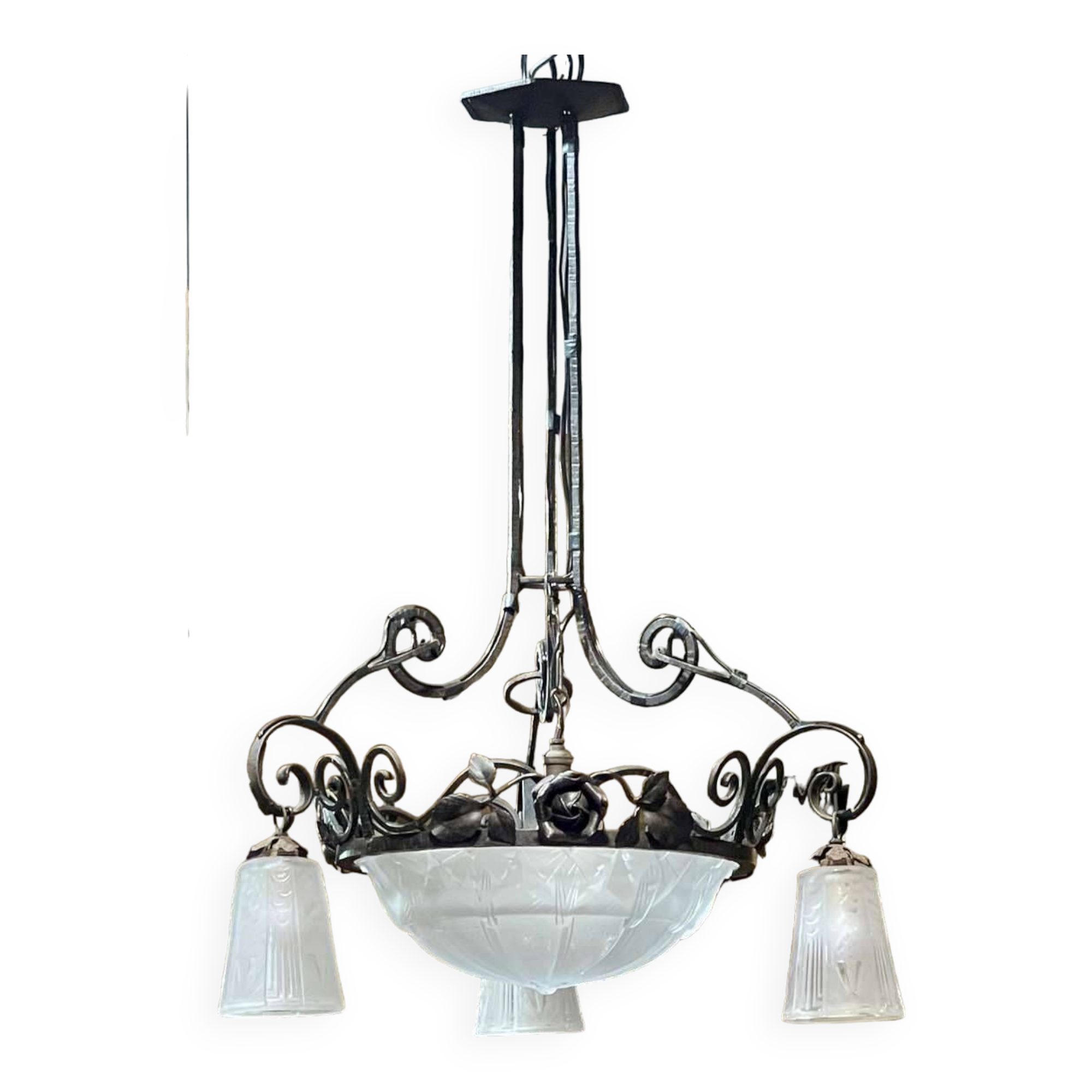 Art Deco chandelier in glass and wrought iron signed Muller Frères Luneville, 3 lights