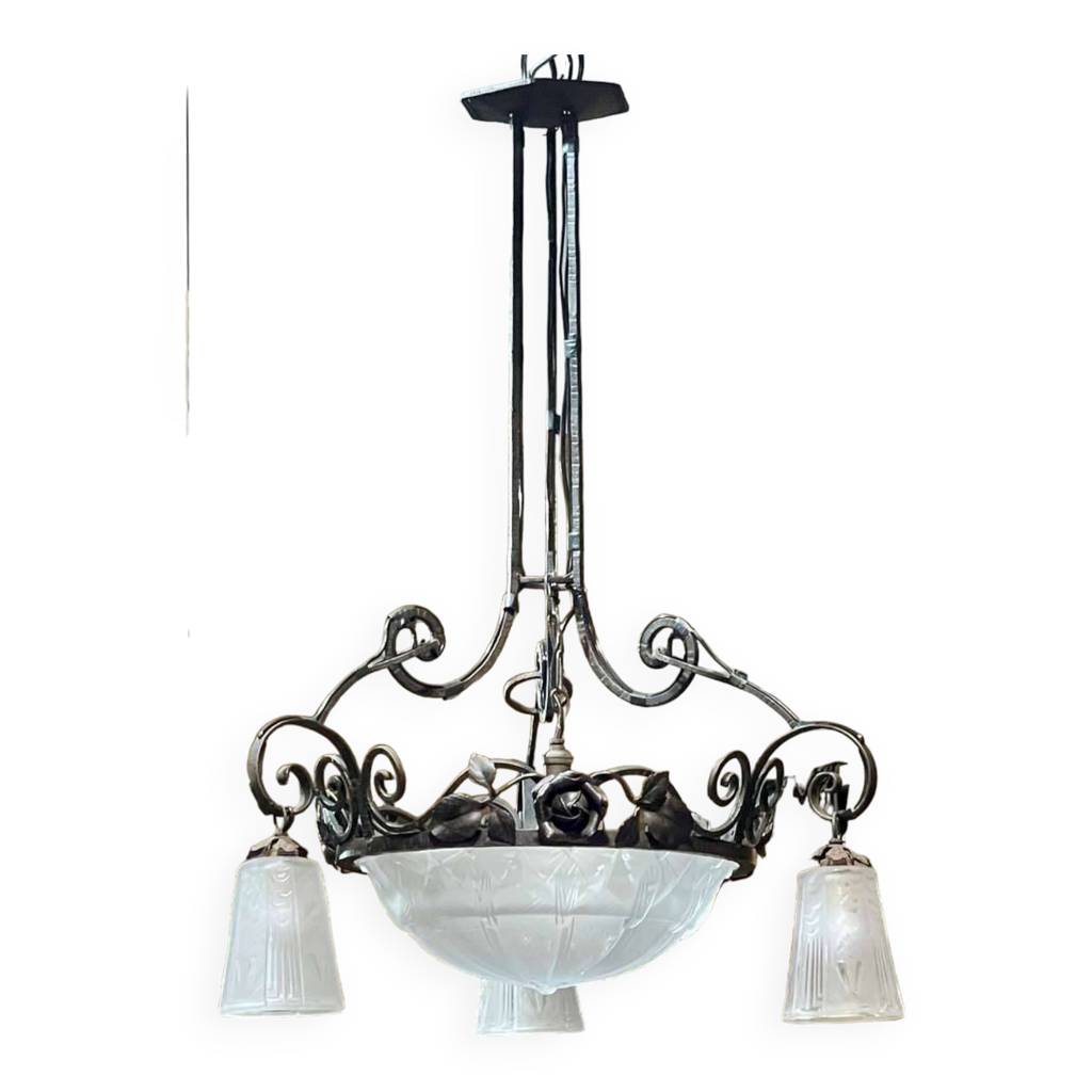 Lustre Art déco en verre et fer forgé signé Muller Frères Luneville, 3 ...