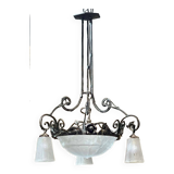 Art Deco chandelier in glass and wrought iron signed Muller Frères Luneville, 3 lights