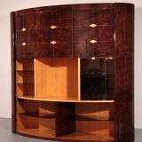 Iconic Aldo Tura brown goatskin bar cabinet with electric lift & mirror interior.