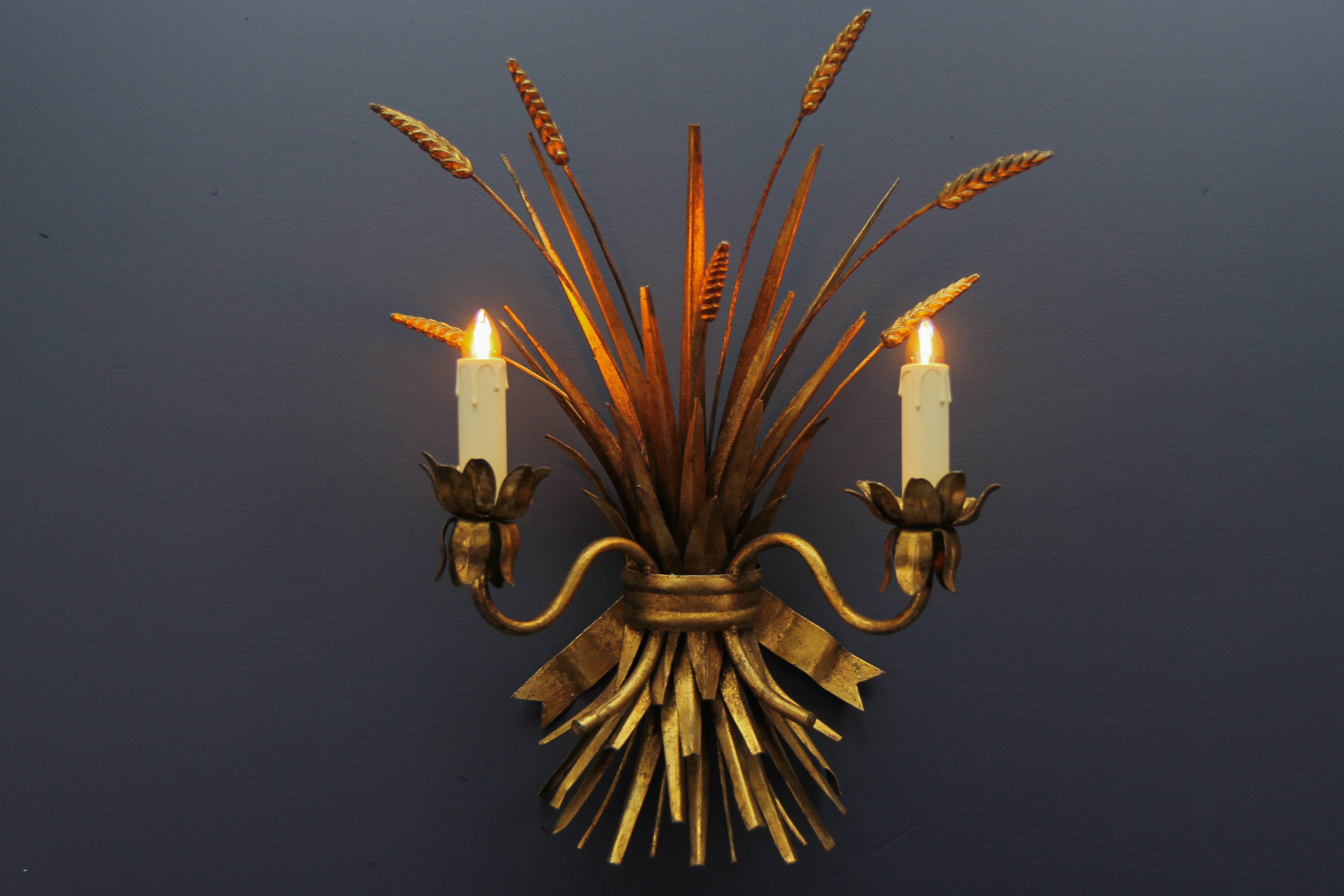 Gilt metal wheat sheaf two-light wall sconce