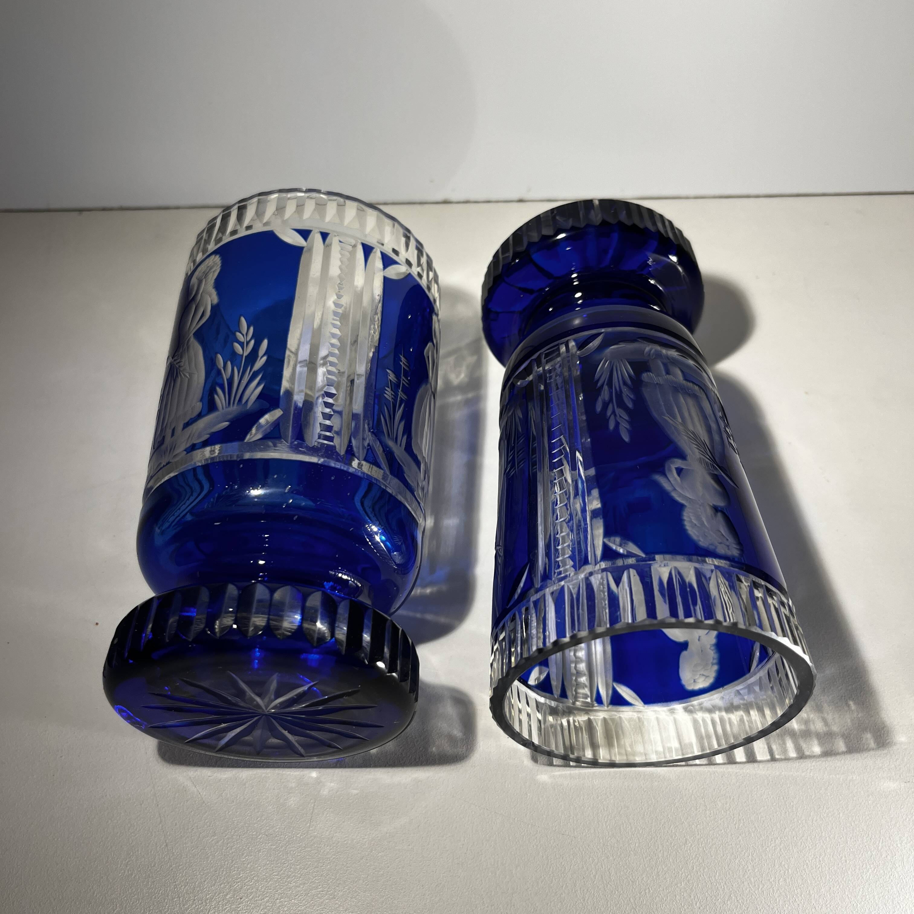 Bohemian crystal, set of 2 cobalt blue cut double glasses, ca 1900