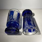 Bohemian crystal, set of 2 cobalt blue cut double glasses, ca 1900