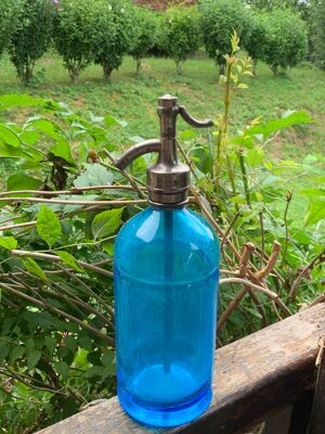Siphon en verre bleu turquoise et bouchon en étain art deco