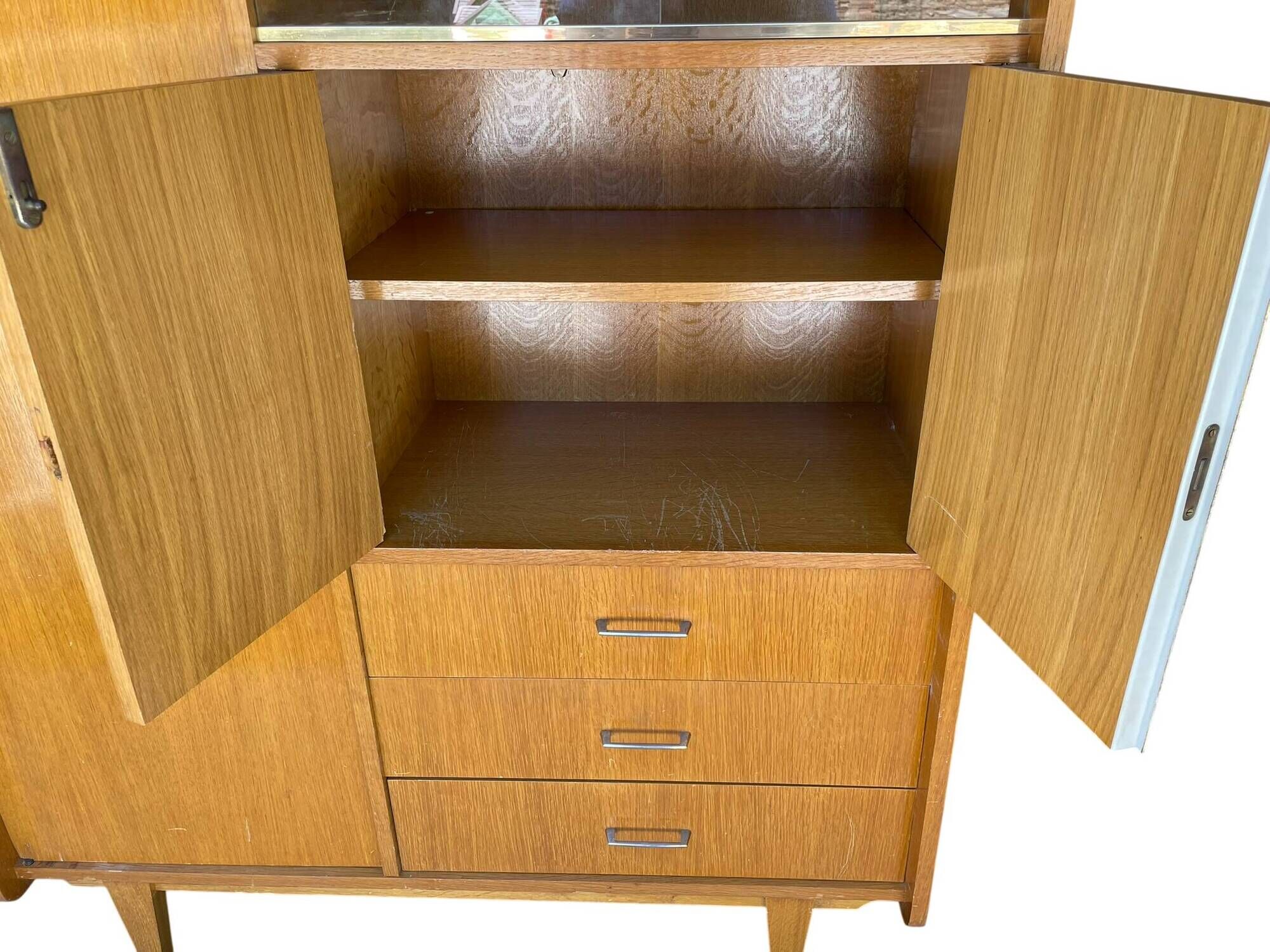 Large wardrobe / Vintage 1960s / 1970s wardrobe with glass doors & drawers