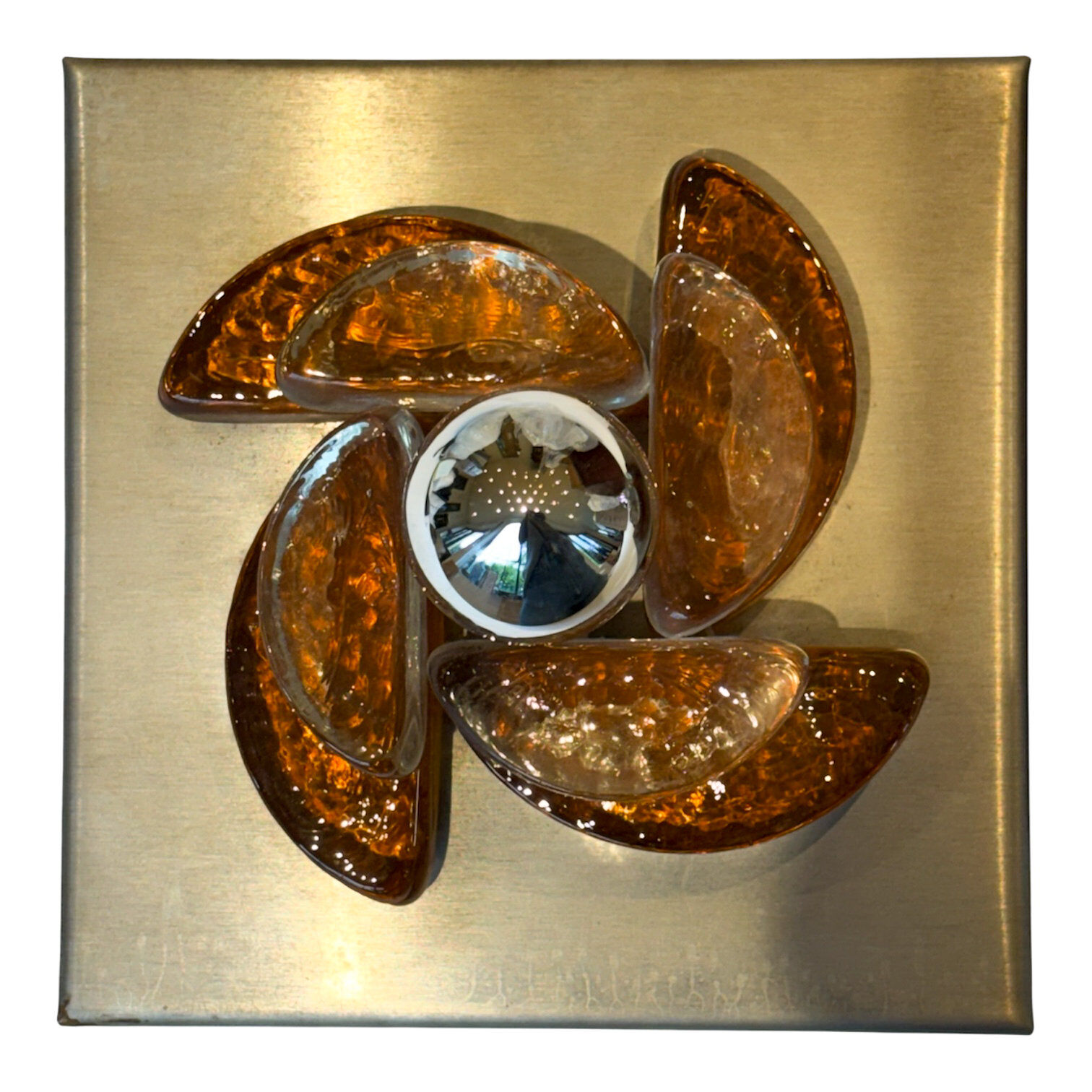 Pair of sculptural wall lights in moulded glass and metal