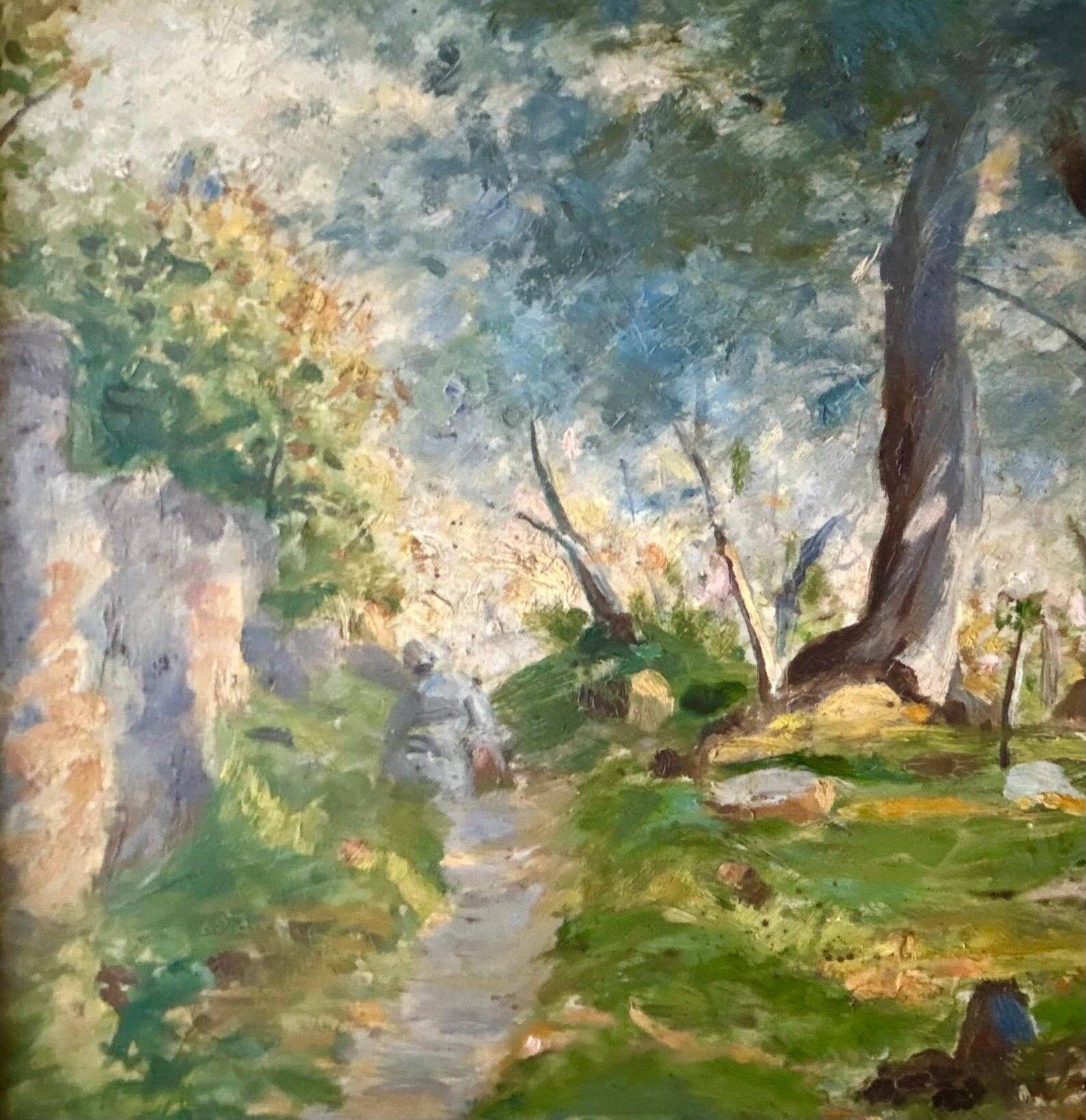Vintage 1930s French Oil Painting on Panel – Barbizon‑Style Forest Path