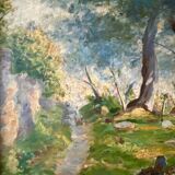 Vintage 1930s French Oil Painting on Panel – Barbizon‑Style Forest Path