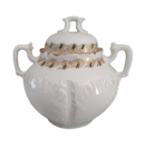 White porcelain sugar bowl decoration in relief and green and gold frieze