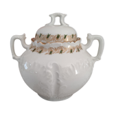 Sucrier en porcelaine blanche décor en relief et frise vert et or