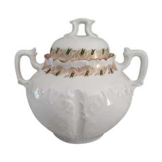 White porcelain sugar bowl decoration in relief and green and gold frieze