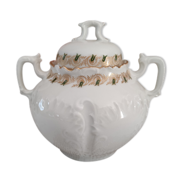 White porcelain sugar bowl decoration in relief and green and gold frieze