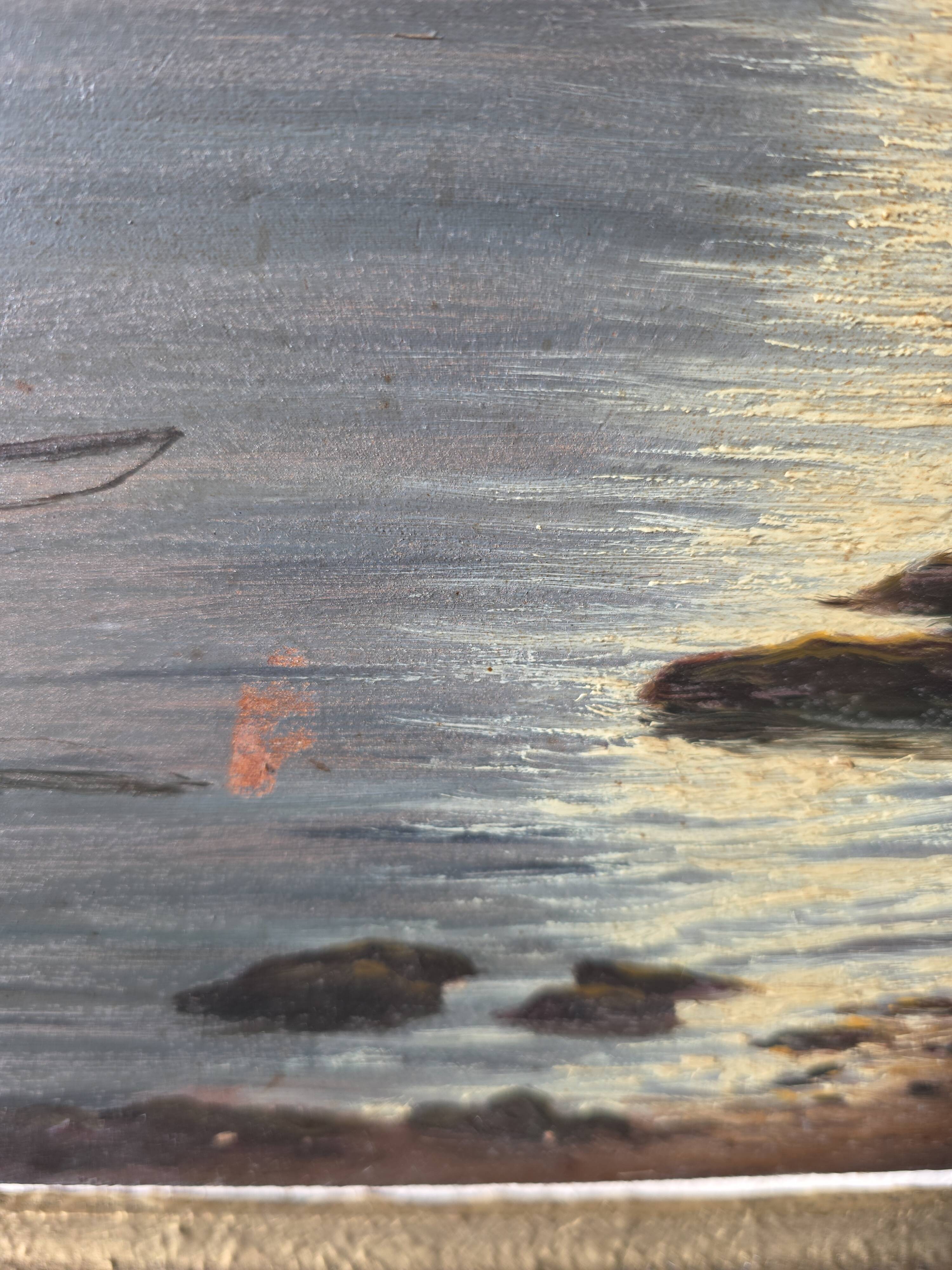 Old painting signed Roger de la Corbières – Seascape in the moonlight