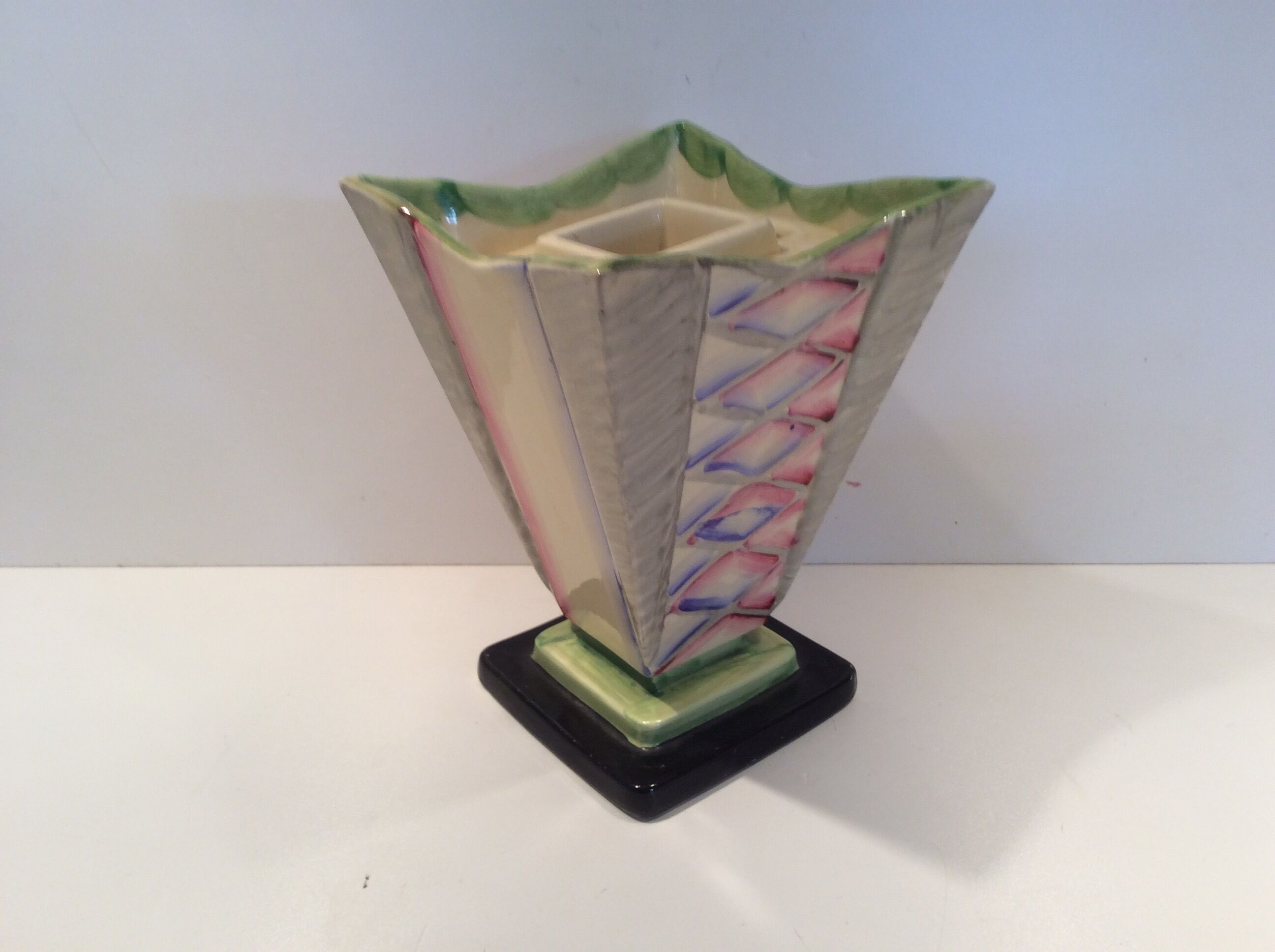 Hand painted art deco vase by Myott and son with flower holder in the centre