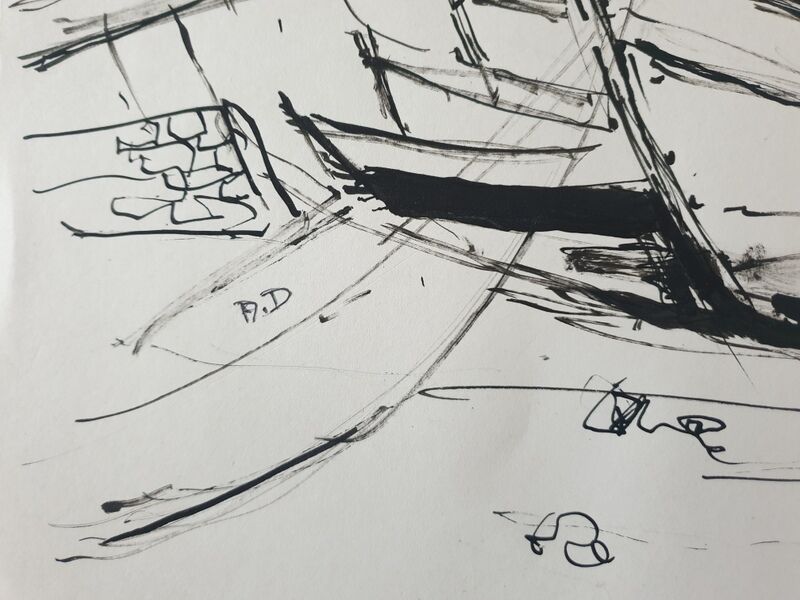 André Duculty (1912-1990) Ink on paper "Port de pêche" Monogrammed lower left