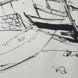 André Duculty (1912-1990) Ink on paper "Port de pêche" Monogrammed lower left