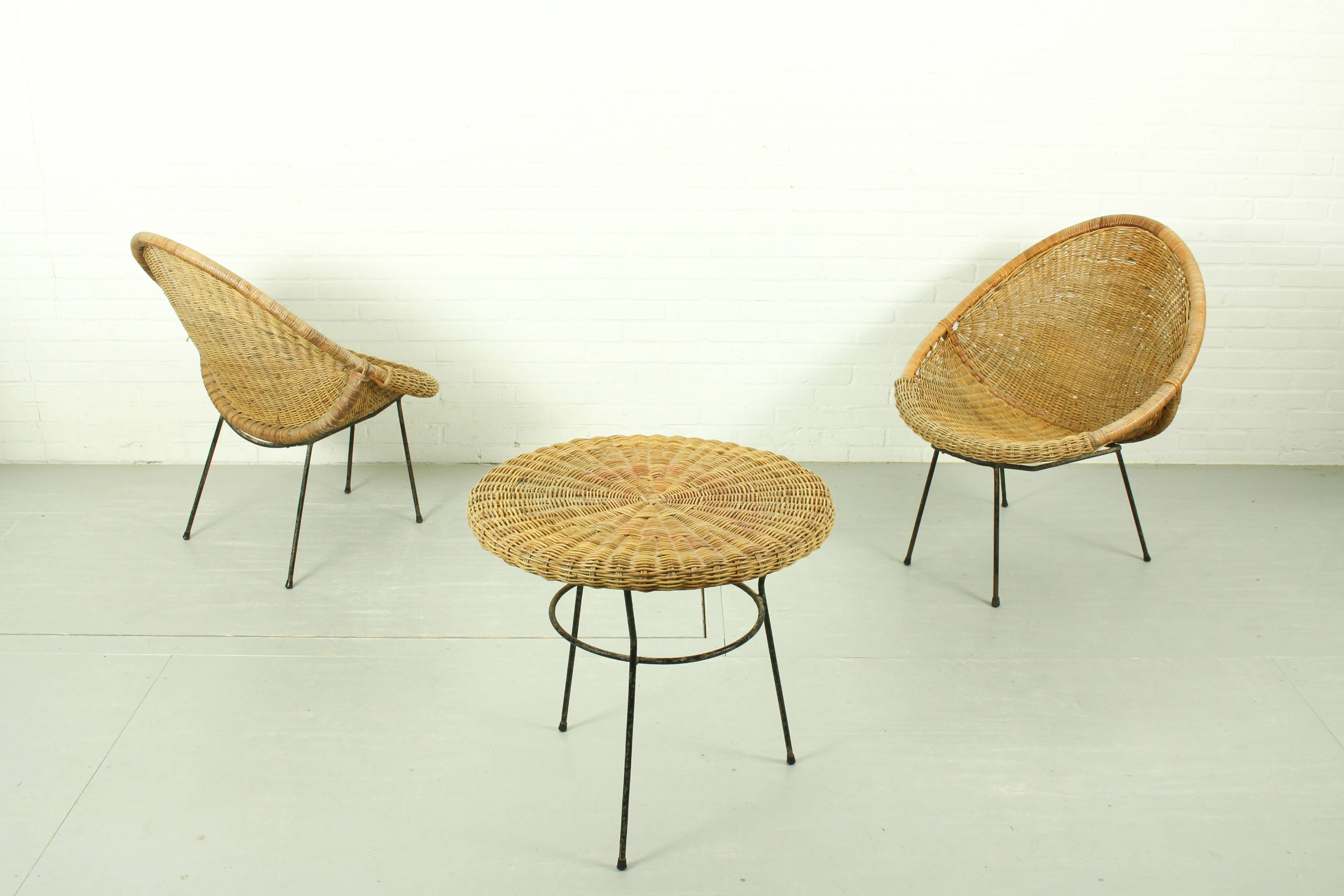 1950s Italian Rattan Basket Chairs & Matching Bistro Table Set