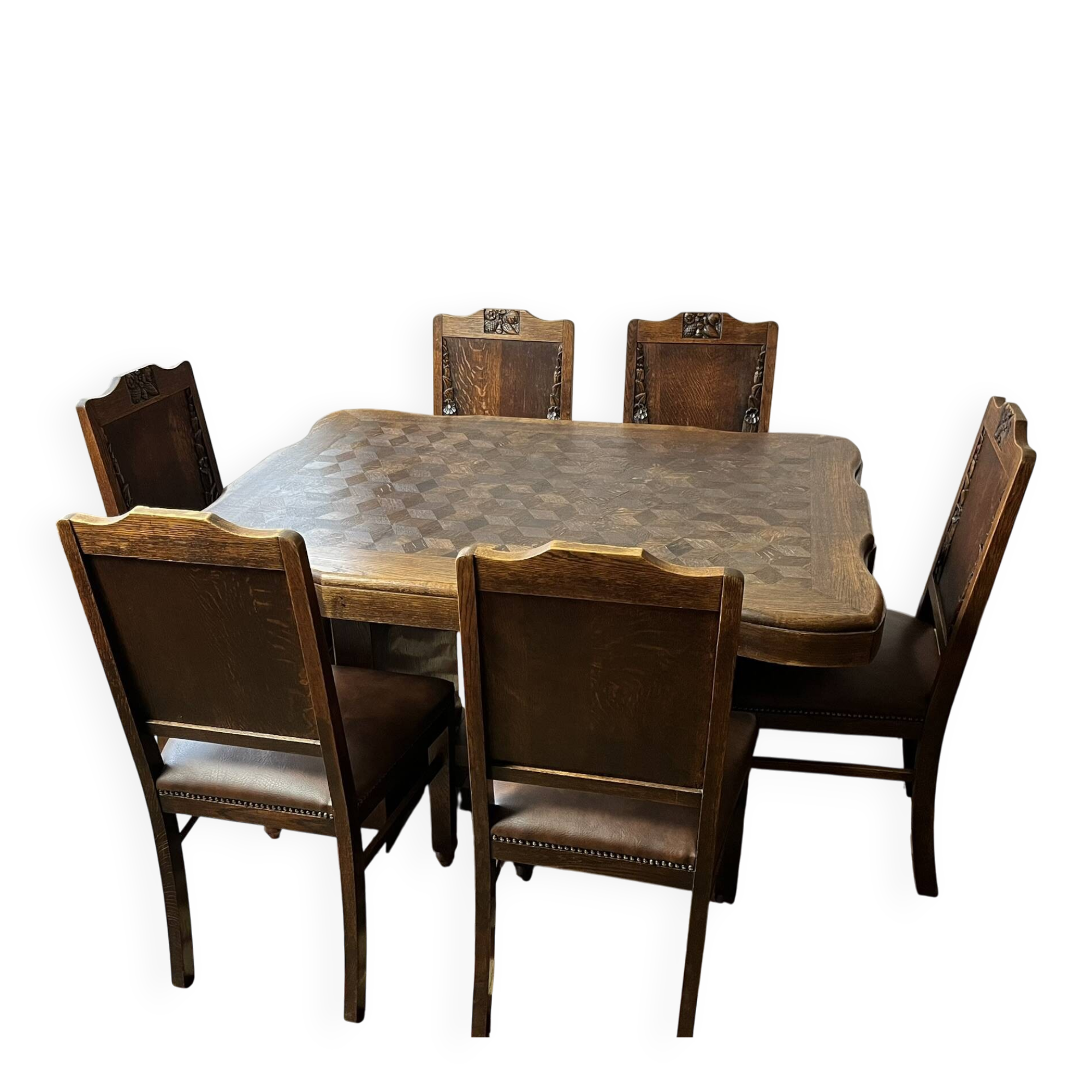 Art Deco extendable oak table with marquetry + 6 chairs – 1920s