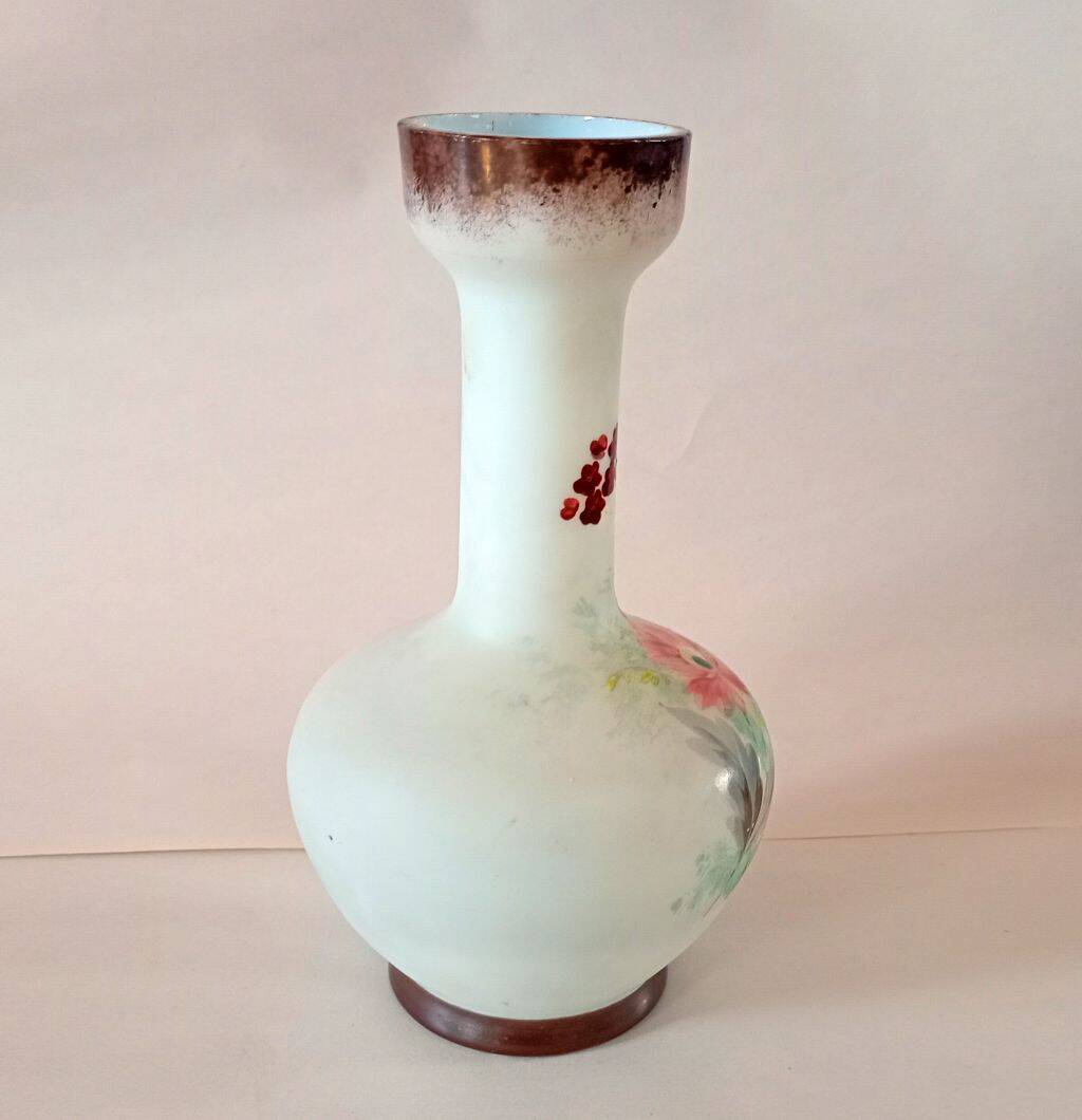 Late 19th Century French Opaline Glass Vase - Hand-Painted Floral Soliflore