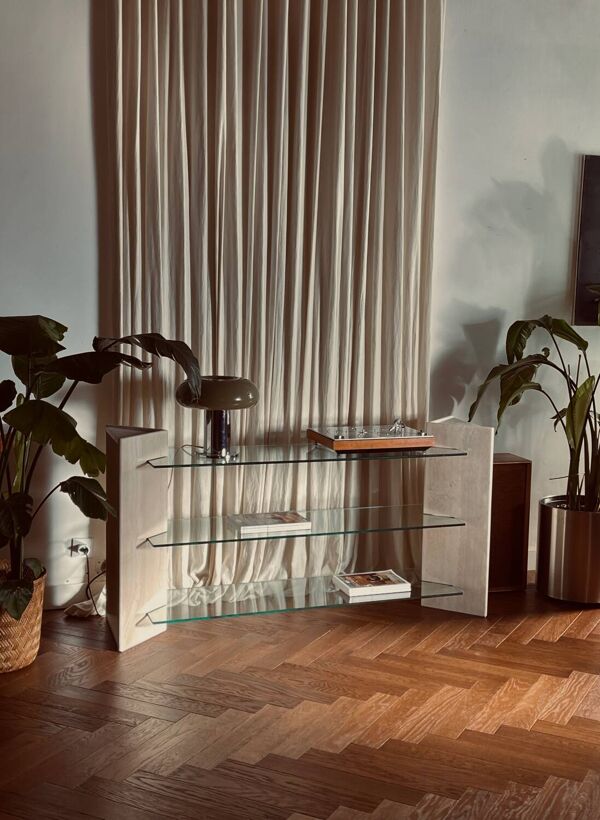 Étagère/Console Artelano Roche Bobois travertin et verre années 70