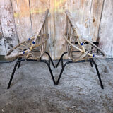 Paire de fauteuil enfant coque rotin & pied metal noir vintage