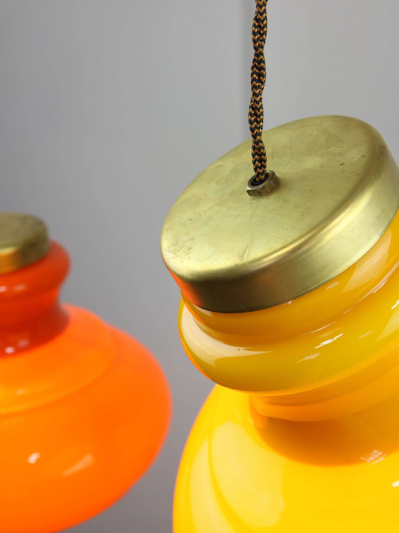 Mid-century italian glass & brass pendant lamps, set of 2