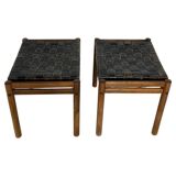 Mid-Century Modern Brown Leather and Wood Pair of Stools