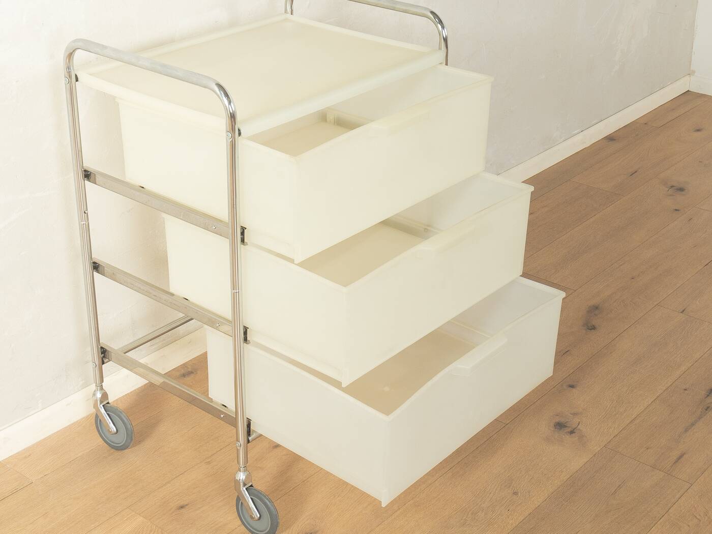 Functional rolling container with chrome frame and transparent drawers, 1980s
